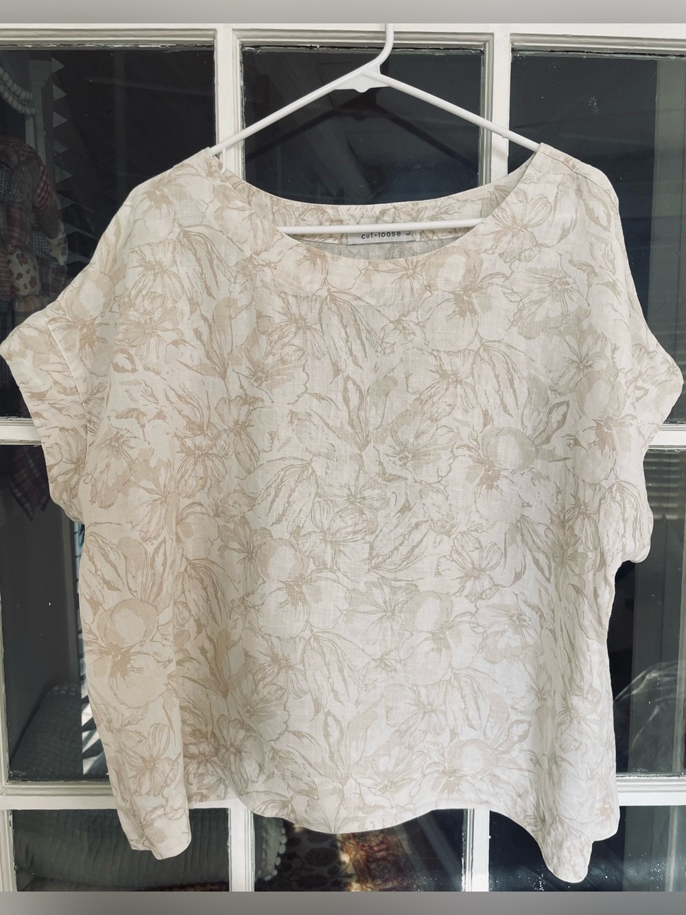 cut loose 100% Linen Top Women’s Large Floral Beige/Cream